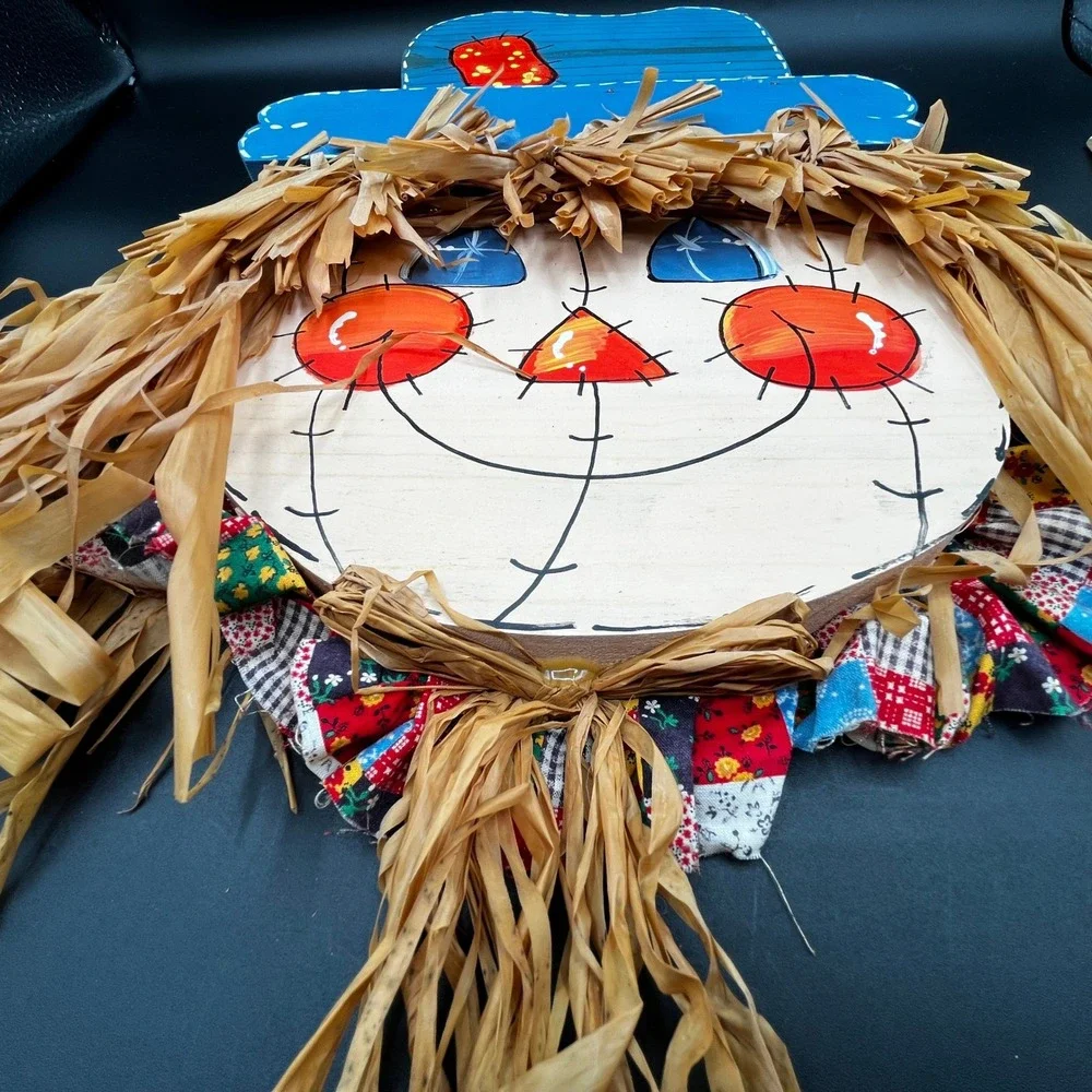 Handmade Wooden Scarecrow Wall Hanging Fall Harvest Decor Raffia 10.5x15.5